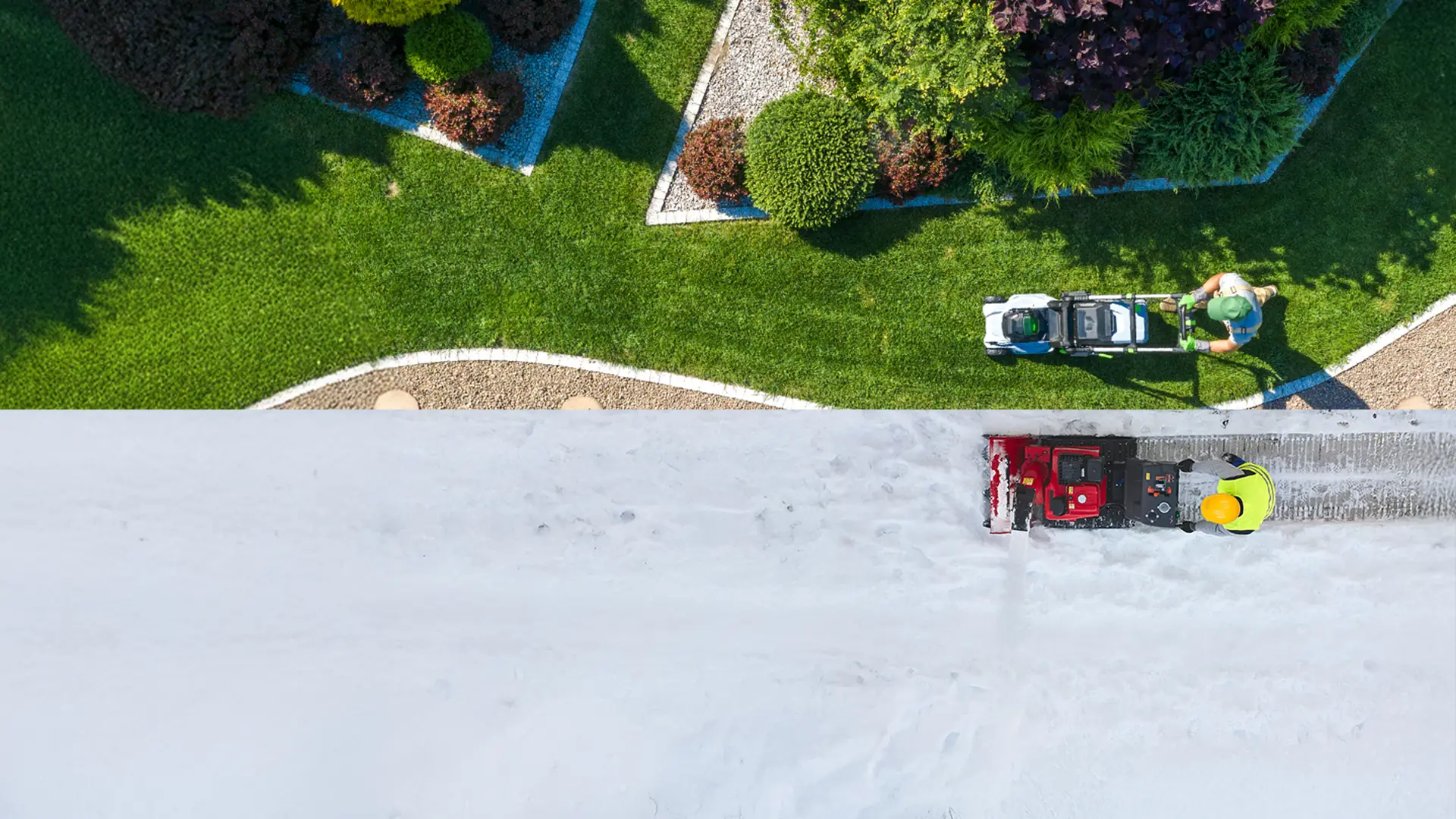 top half shows aerial view of worker with lawn mower mowing grass and bottom half shows aerial view of worker with snowblower clearing sidewalk