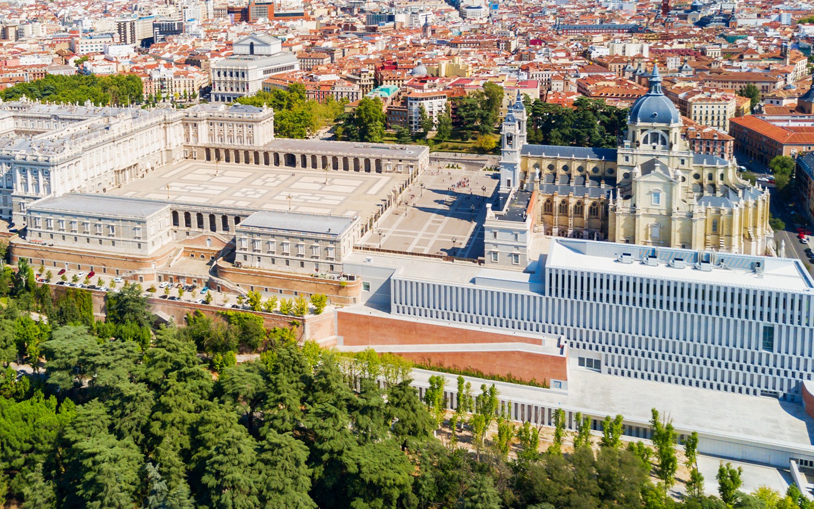 Aerial view of Royal Collections Gallery and Royal Palace in Madrid.
