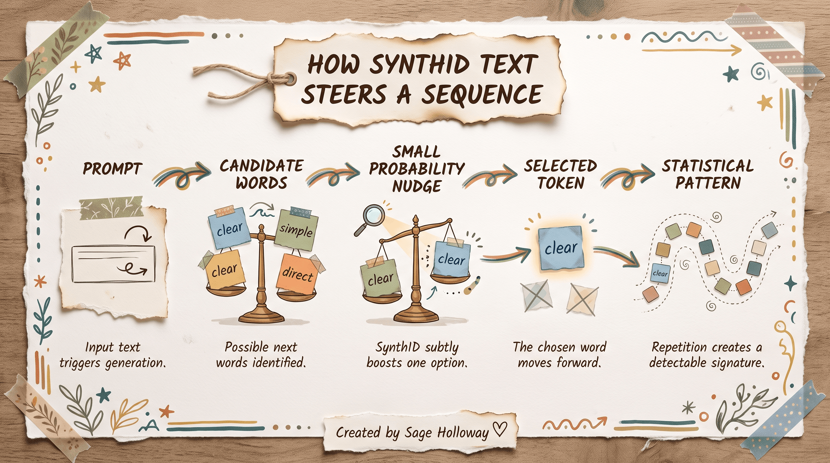 Diagram showing SynthID Text nudging token probabilities as words are selected