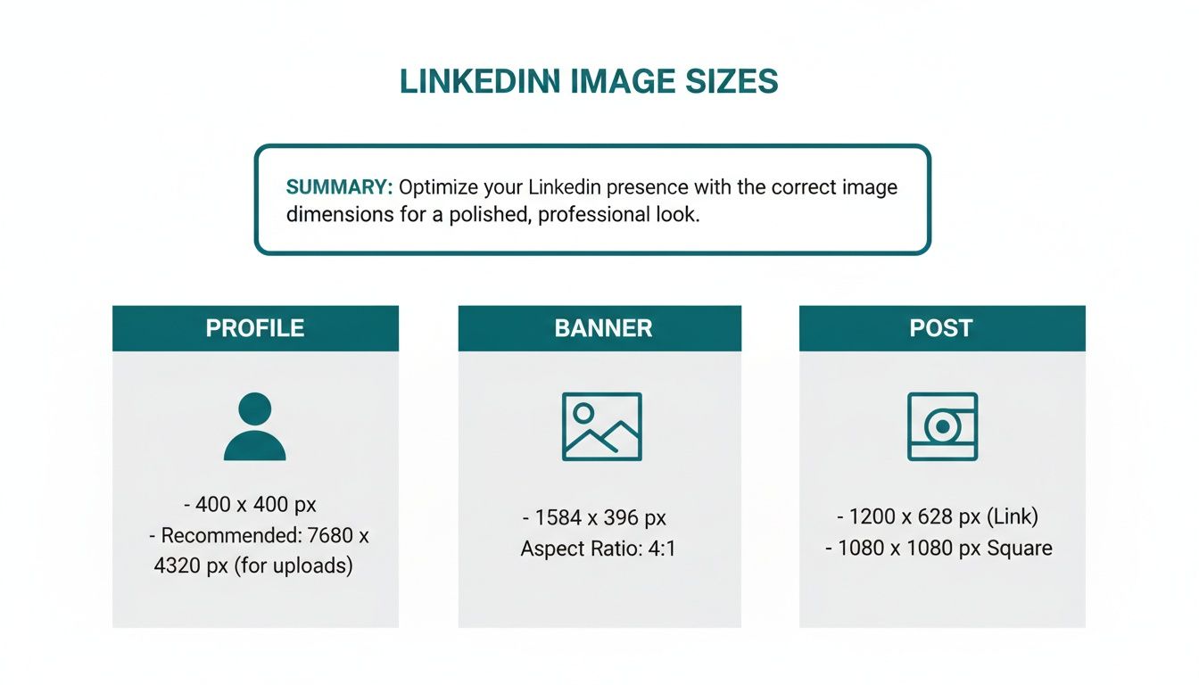 A comprehensive guide to LinkedIn image sizes, including recommendations for profile, banner, and post dimensions.