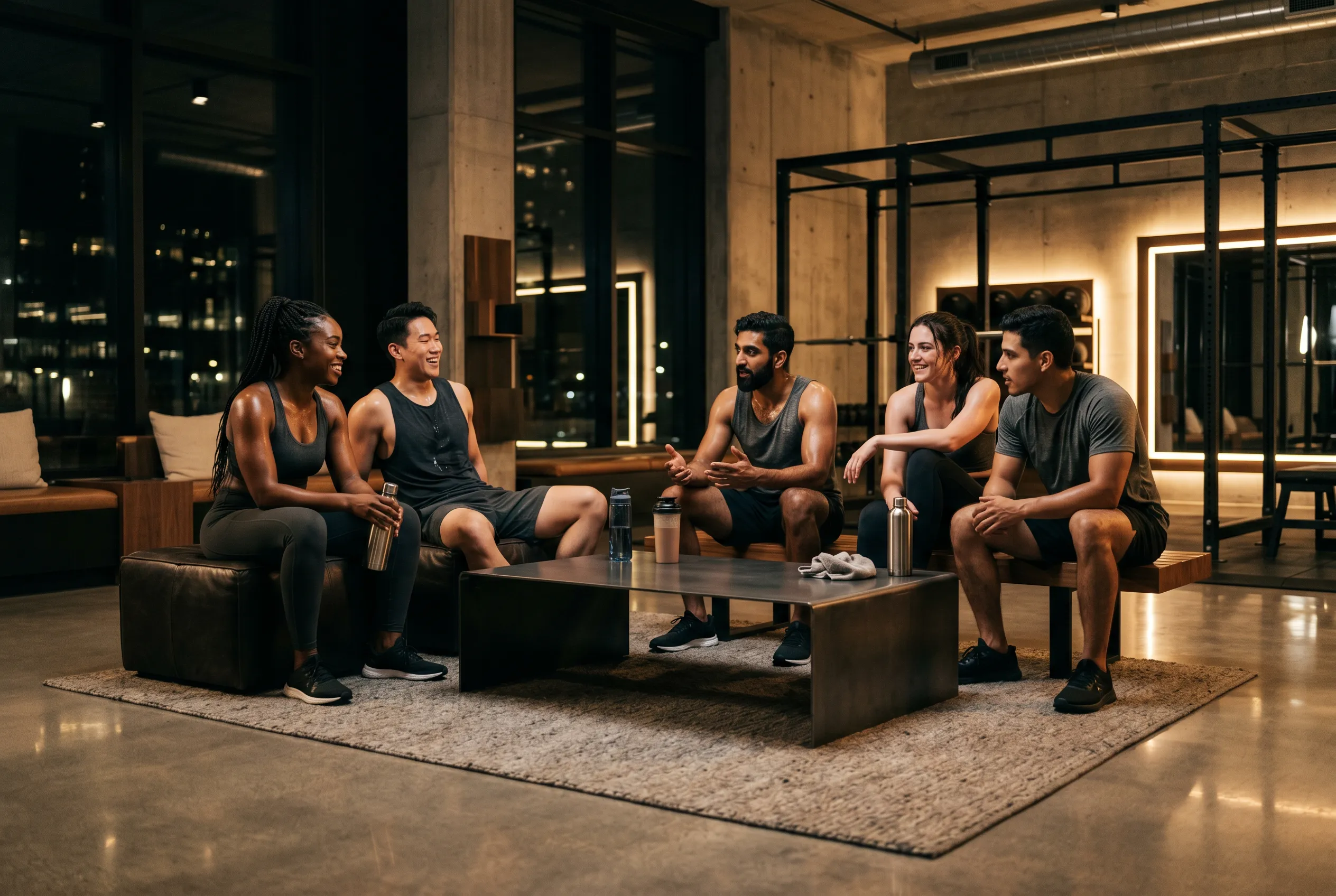 Five diverse adults in workout clothes chatting after a gym session.