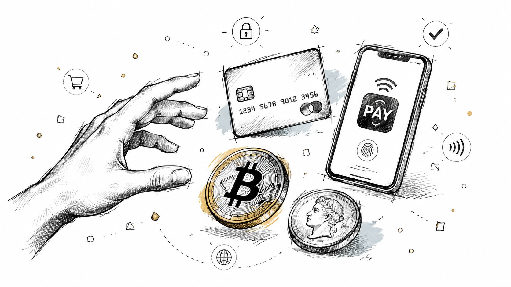 A hand reaching towards digital and physical payment methods including a credit card, bitcoin, and smartphone.