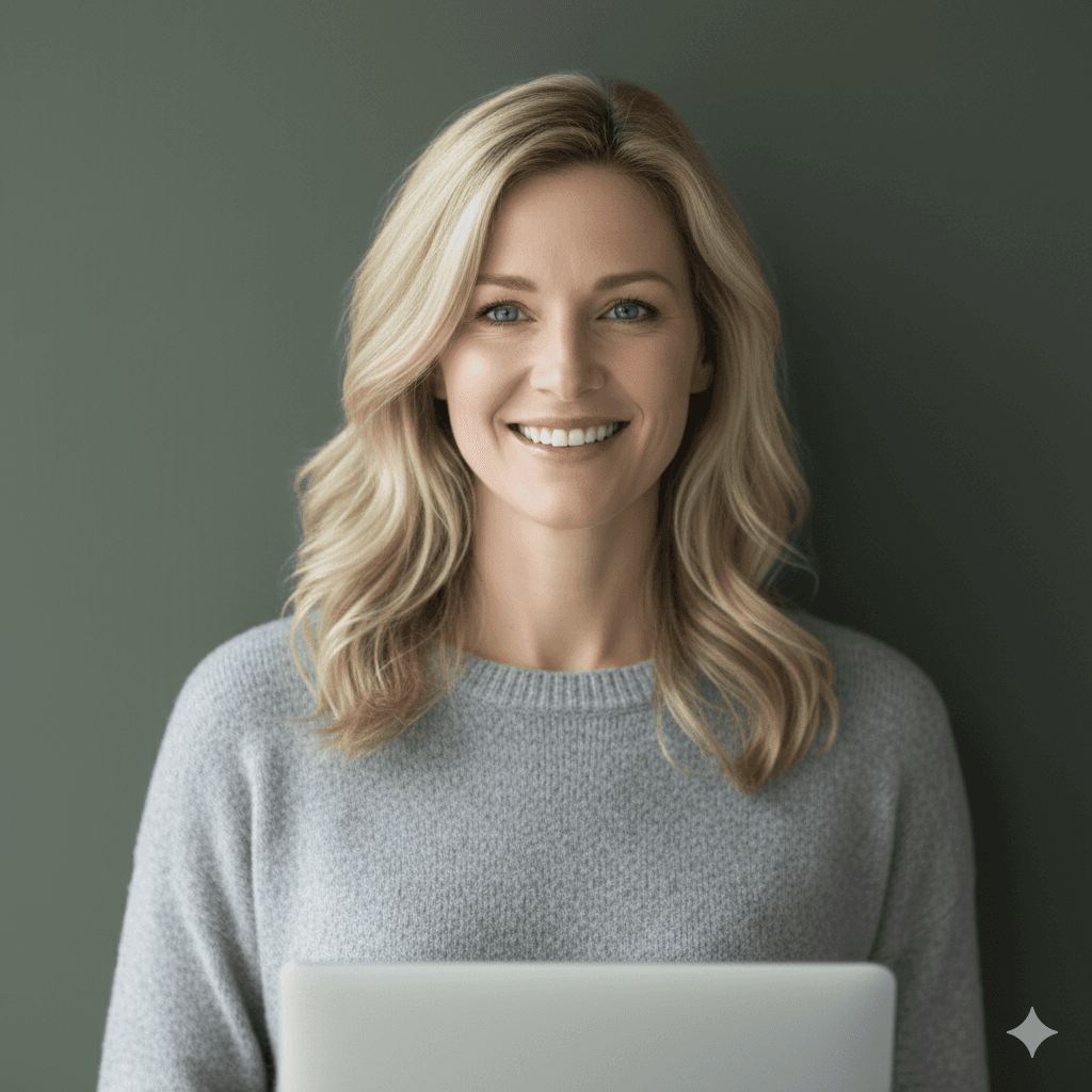A young woman with smiles while standing against a green backdrop, wearing a casual light sweater.