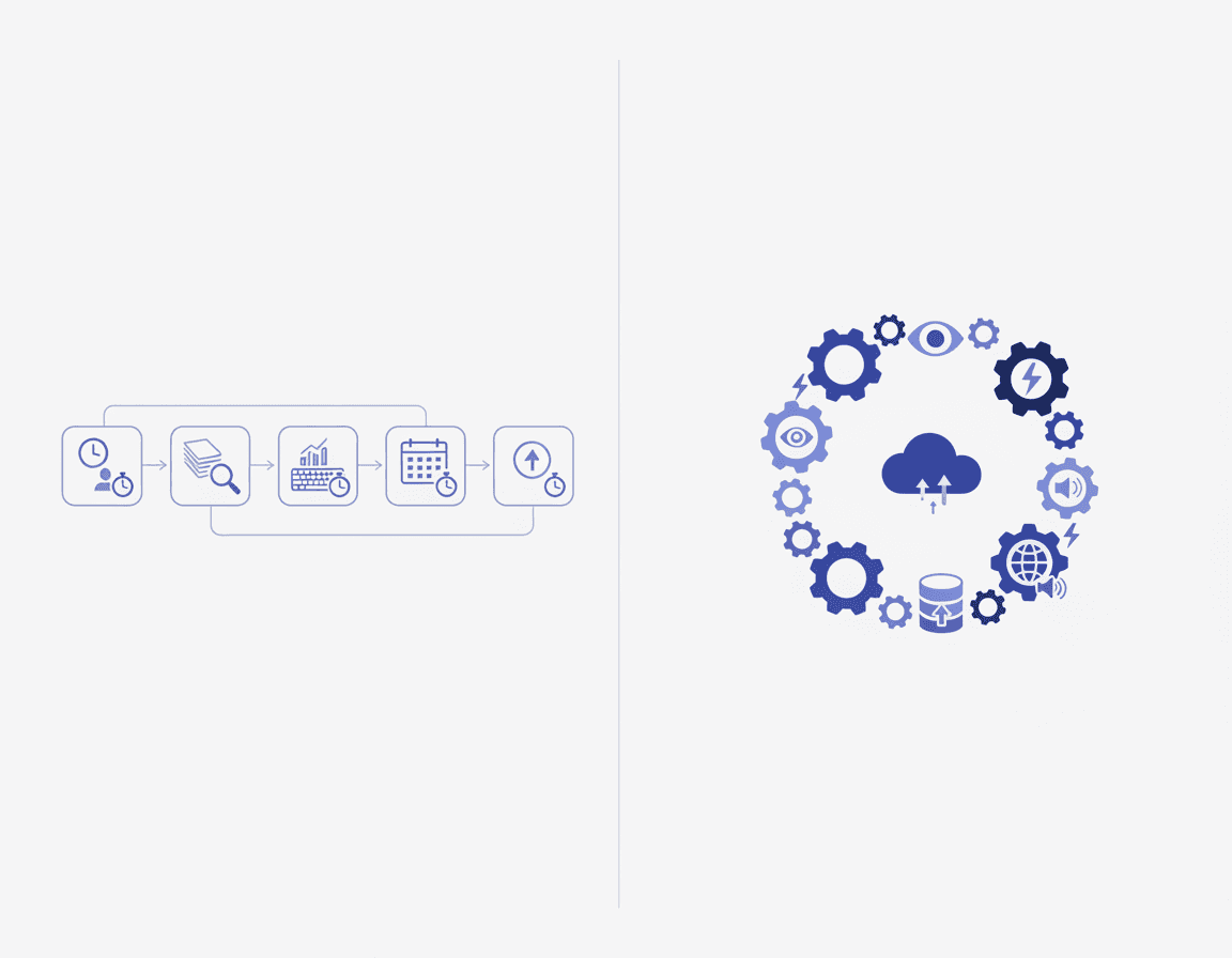 Illustration comparing a slow linear manual SEO workflow with an automated continuous GEO refresh loop.