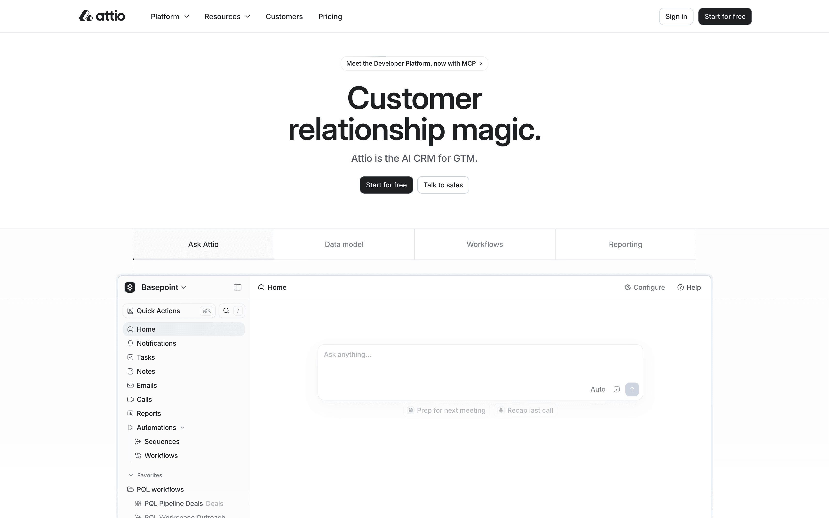 Attio homepage AI CRM and customer management platform