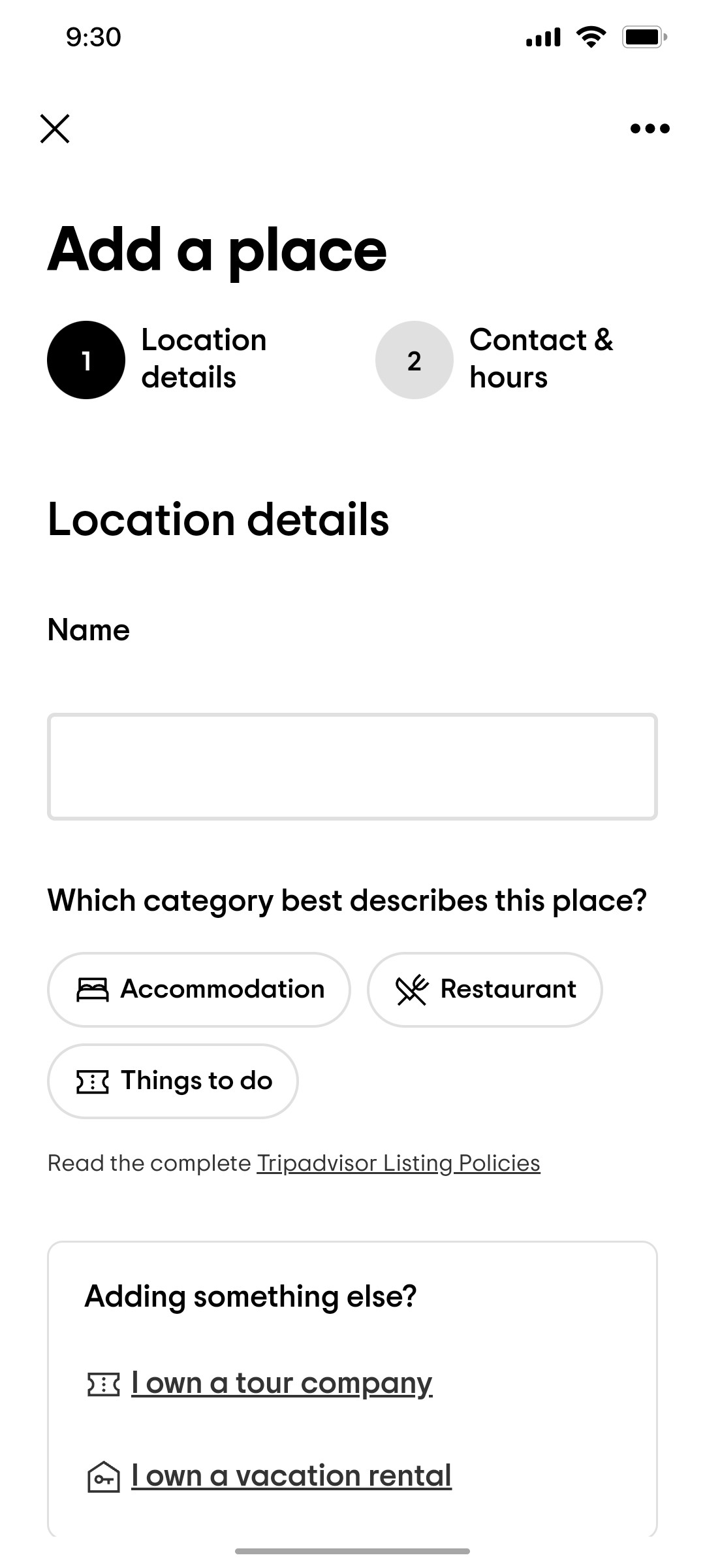 Tripadvisor Add place Page Screen