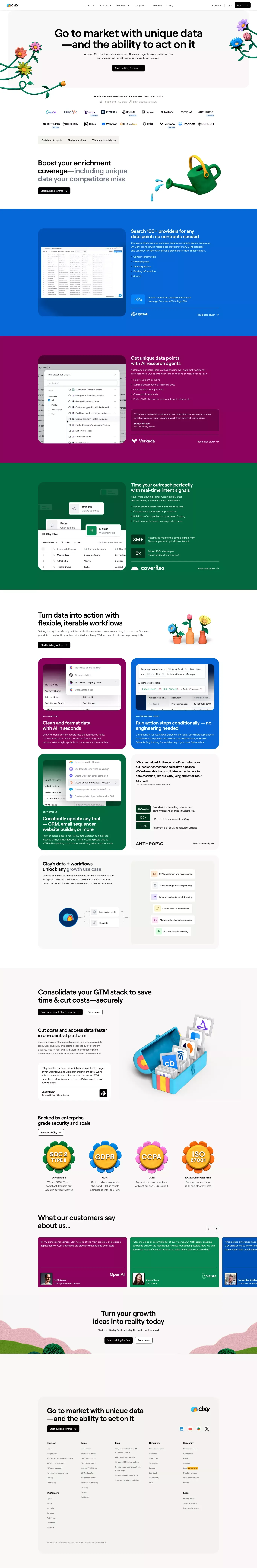 Clay landing page screenshot showcasing Tech and Marketing design