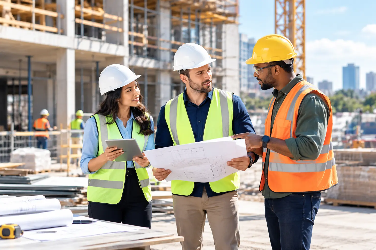 Construction site with workers building a contemporary structure