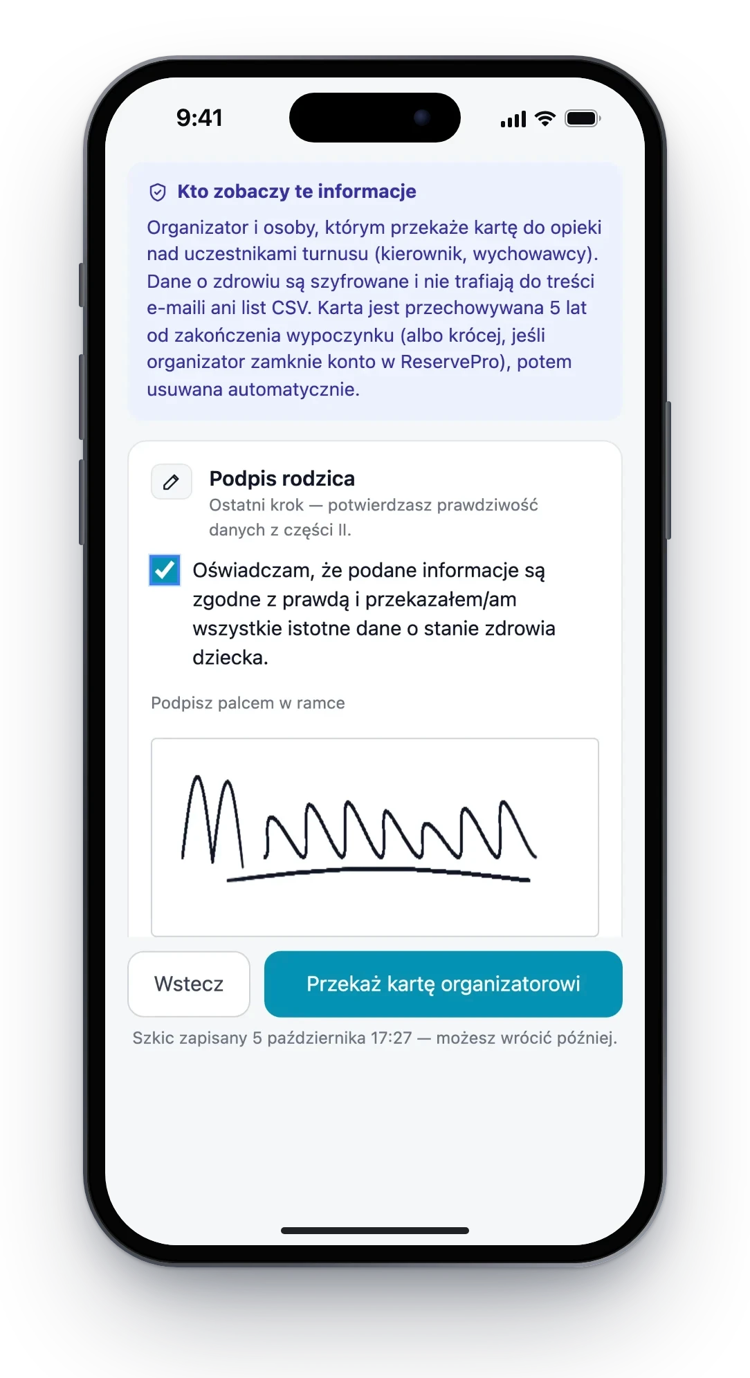 Telefon z podpisem rodzica w karcie kwalifikacyjnej online