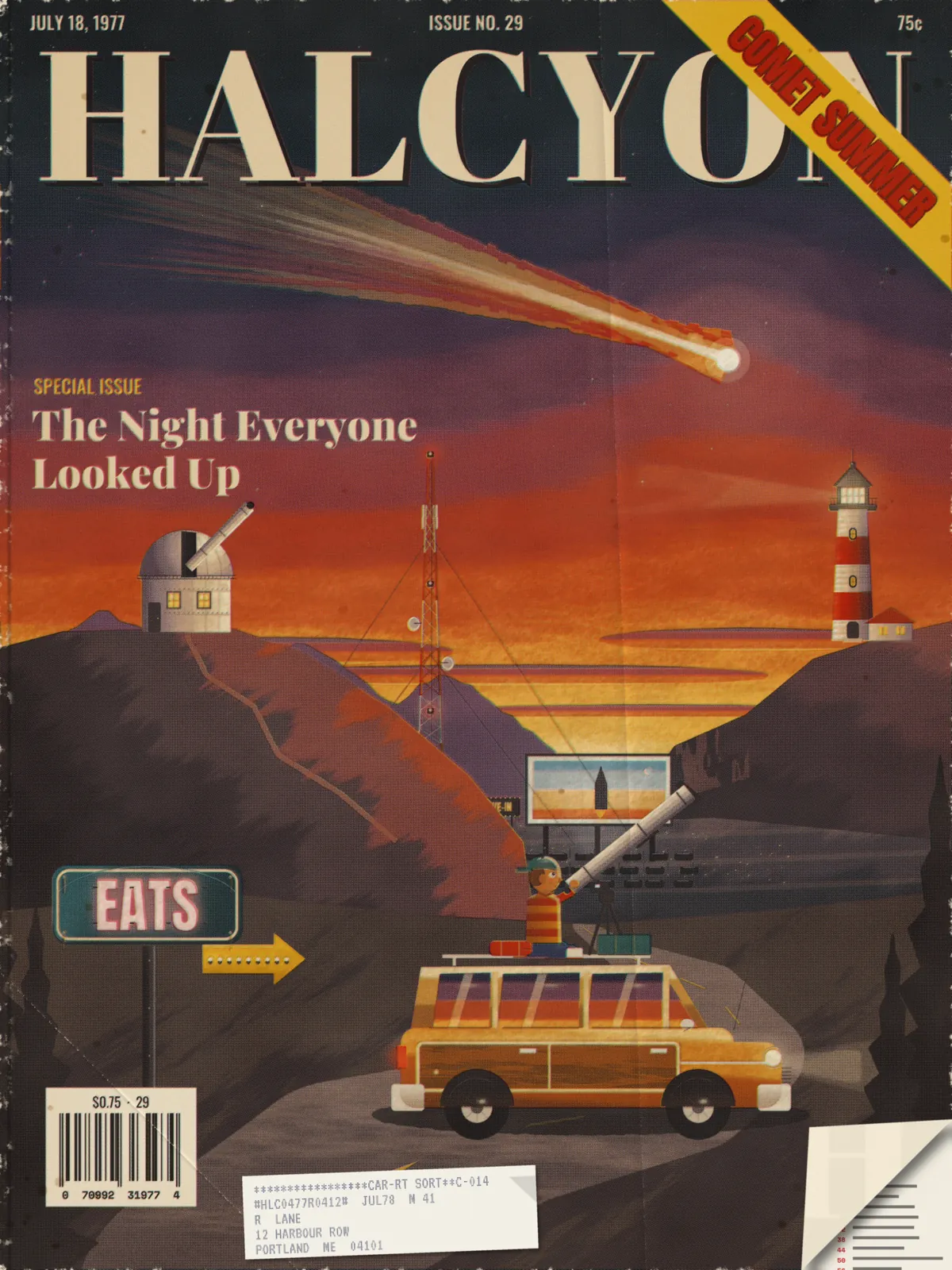 HALCYON, July 18, 1977: a painted dusk coast under a great comet, with an observatory, a radio mast, a lighthouse, a drive-in, a diner sign and a kid with a telescope on a station wagon