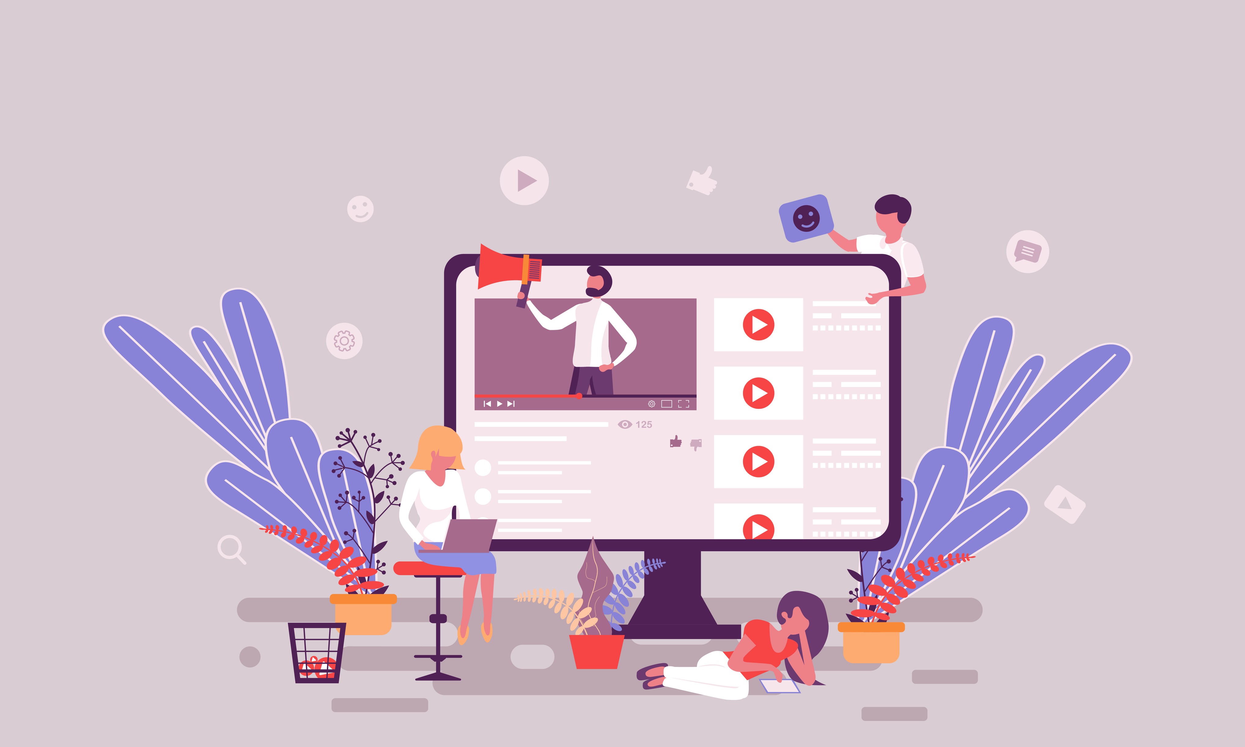 Illustration of small figures engaging with a large desktop monitor showing a creator's video channel, with a megaphone, view count, and a playlist of video thumbnails.