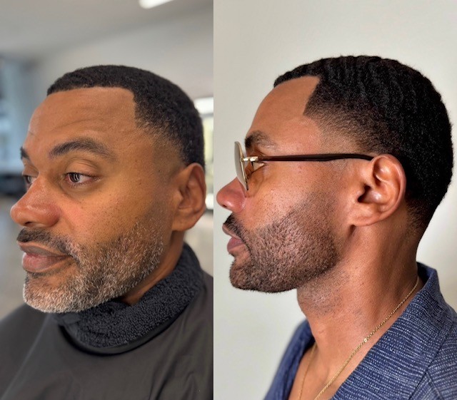 Sophisticated gray hair color dyed black with taper fade haircut, ideal for mature men seeking a clean look. Luxury Barber Courtney Palmore West Hollywood