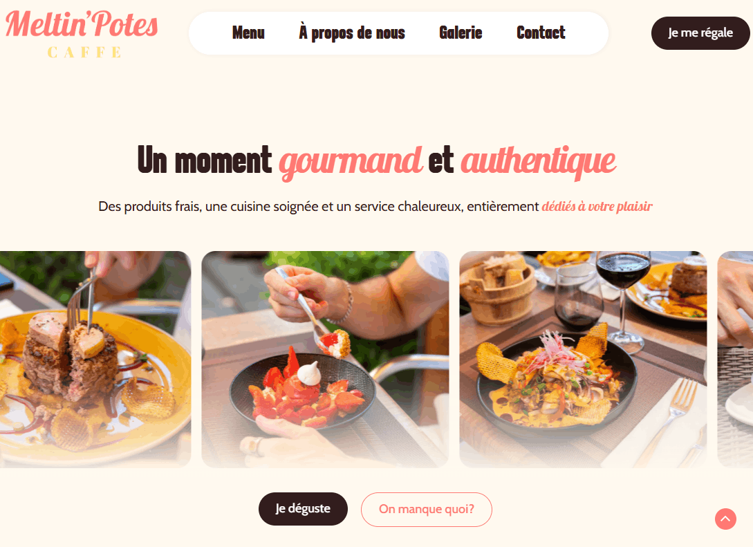Carrousel de plats du Meltin'Potes Caffé sur son nouveau site internet refondu par SL Vision, agence web à Mérignac
