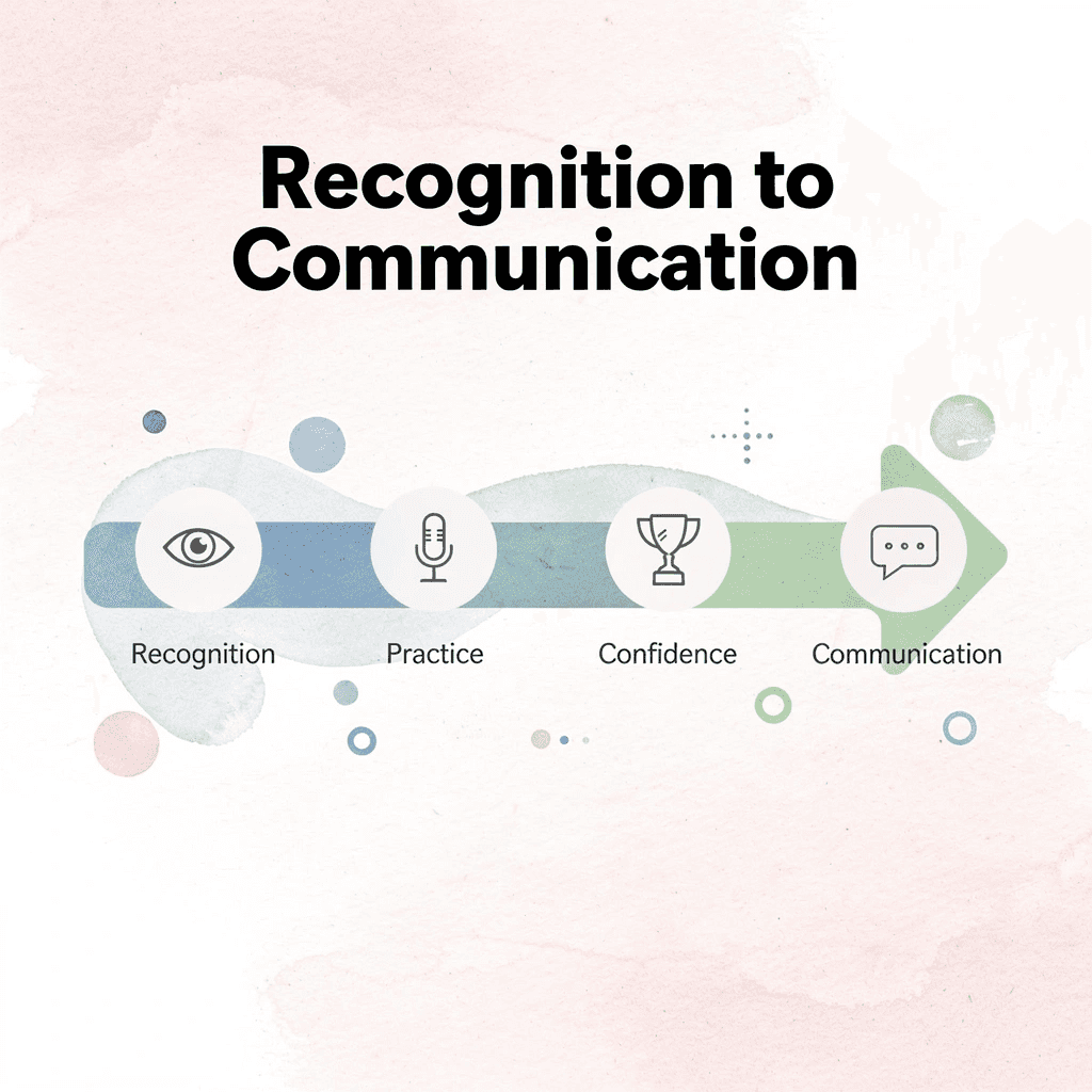 Progression arrow showing journey from recognition to real communication