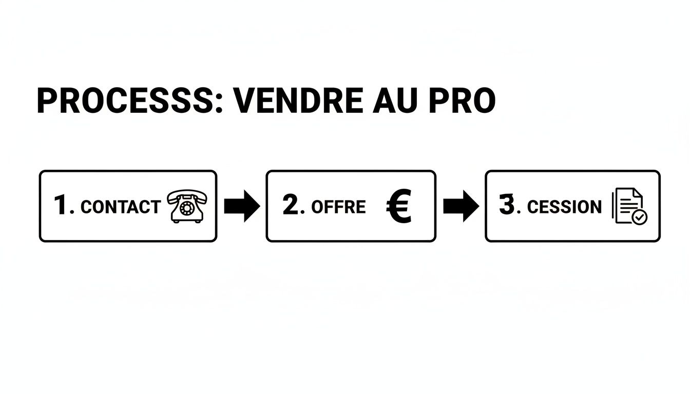 Flux de travail décrivant les 3 étapes pour vendre un véhicule à un professionnel : contact, offre et cession.