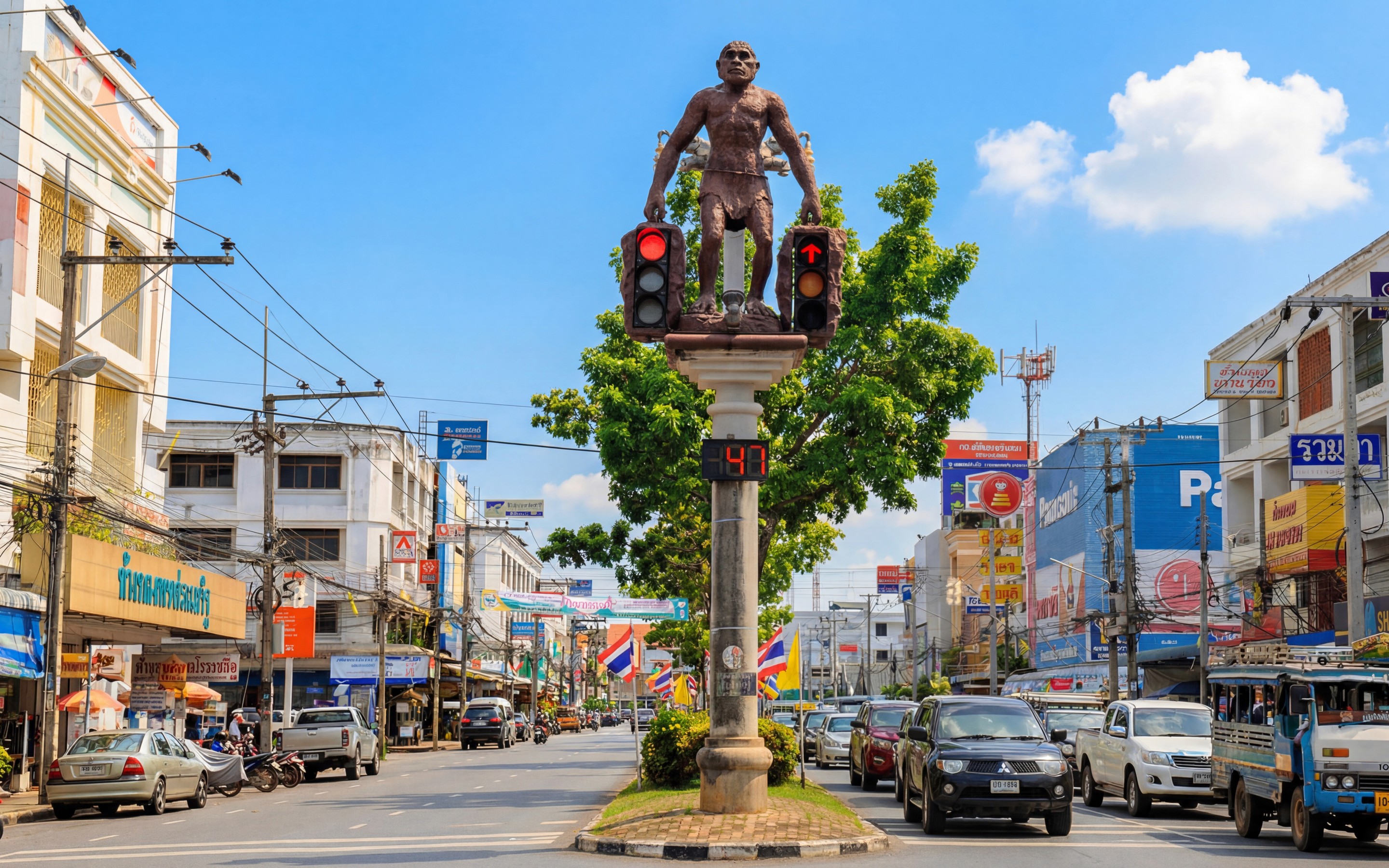 Street scene in Krabi Town with local shops, traffic, and limestone cliffs rising in the background.