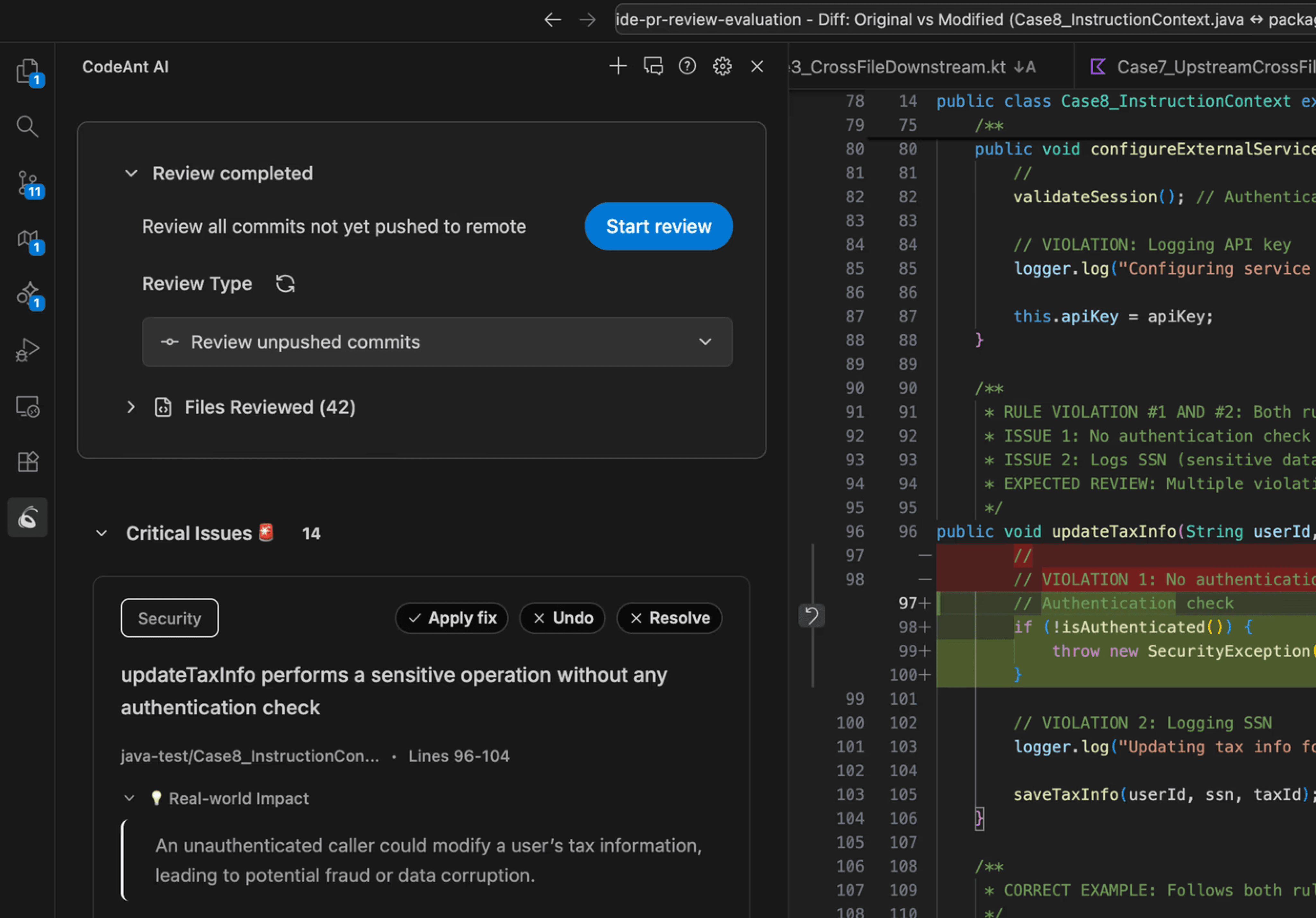 CodeAnt AI inline code review comment shown directly on a specific line inside a GitHub pull request diff view. The comment is pinned to a highlighted line of Python code and explains a detected security issue — a PII data leak where a decoded email address is being logged in plaintext using Python's logging module. The inline comment includes a severity badge labeled "Critical", a clear explanation of why the practice is dangerous (log files may be accessible to unauthorized parties), and a suggested fix showing a masked version of the email. A "Apply fix" button sits below the suggestion for one-click remediation. The surrounding diff context shows red-highlighted removed lines and green-highlighted added lines, making the issue location immediately clear to reviewers.