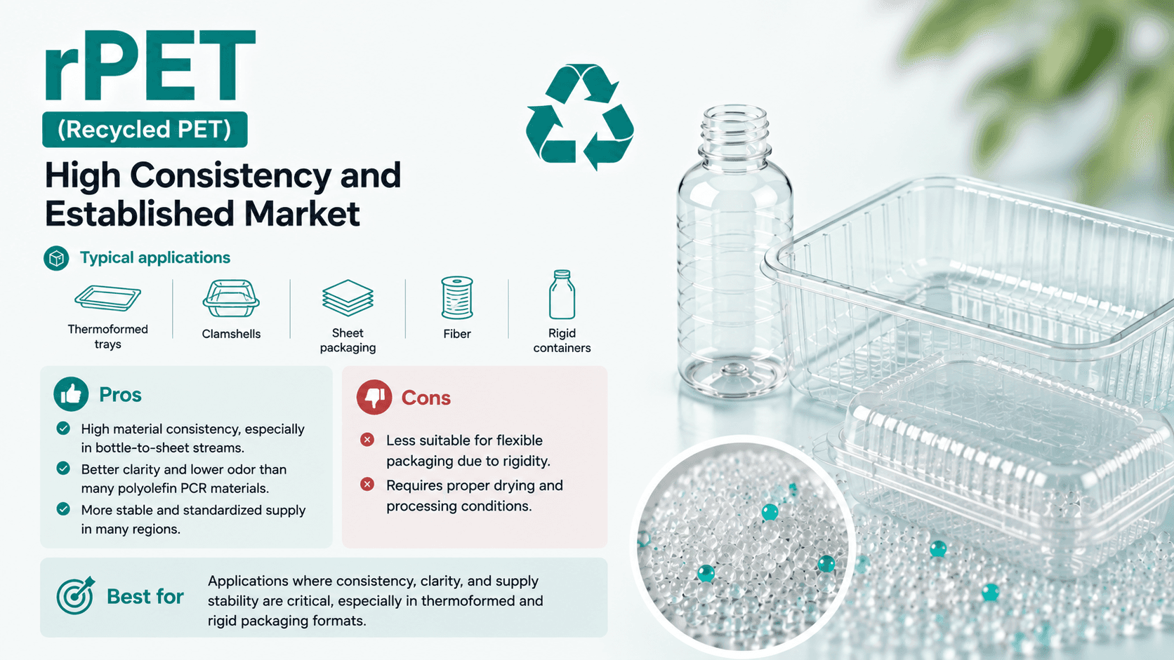 "rPET (Recycled PET): High Consistency and Established Market" infographic