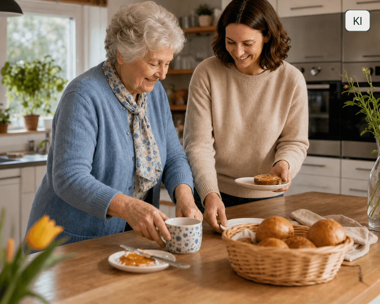 Eine ältere Frau und ihre Betreuungskraft bereiten gemeinsam Frühstück in der heimischen Küche vor.
