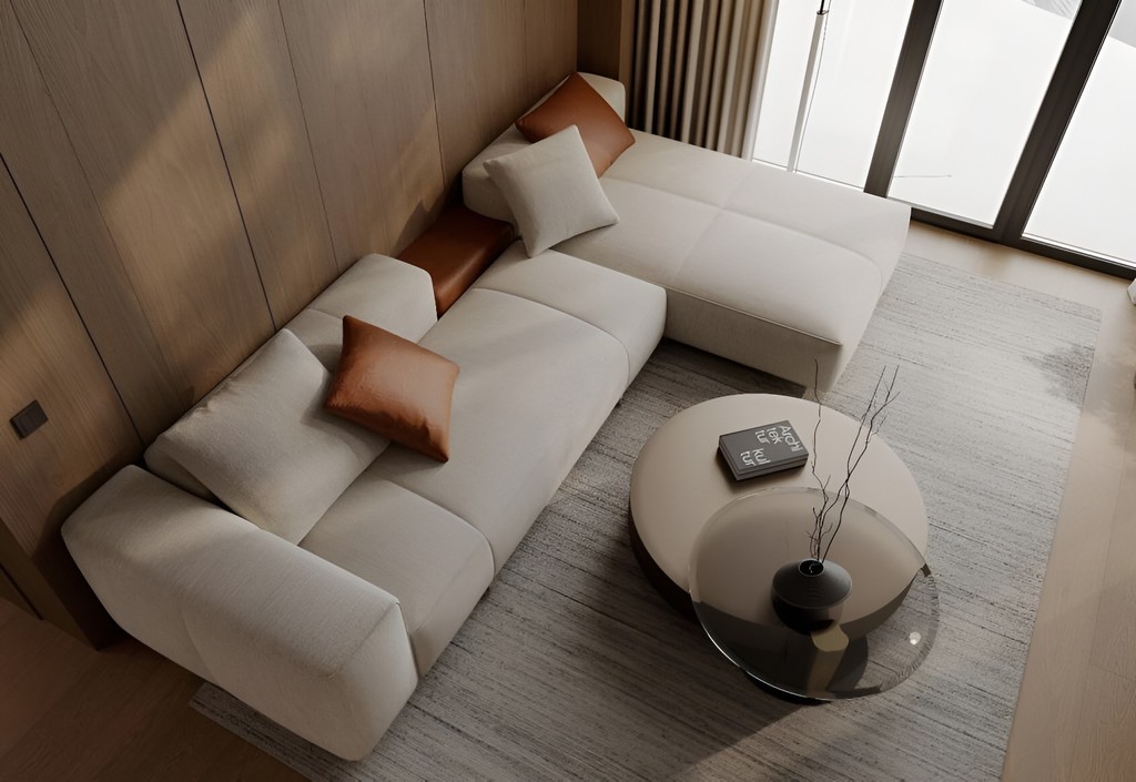 Stylish living room in Blue Marina Residence, highlighting a plush couch and a minimalist coffee table.
