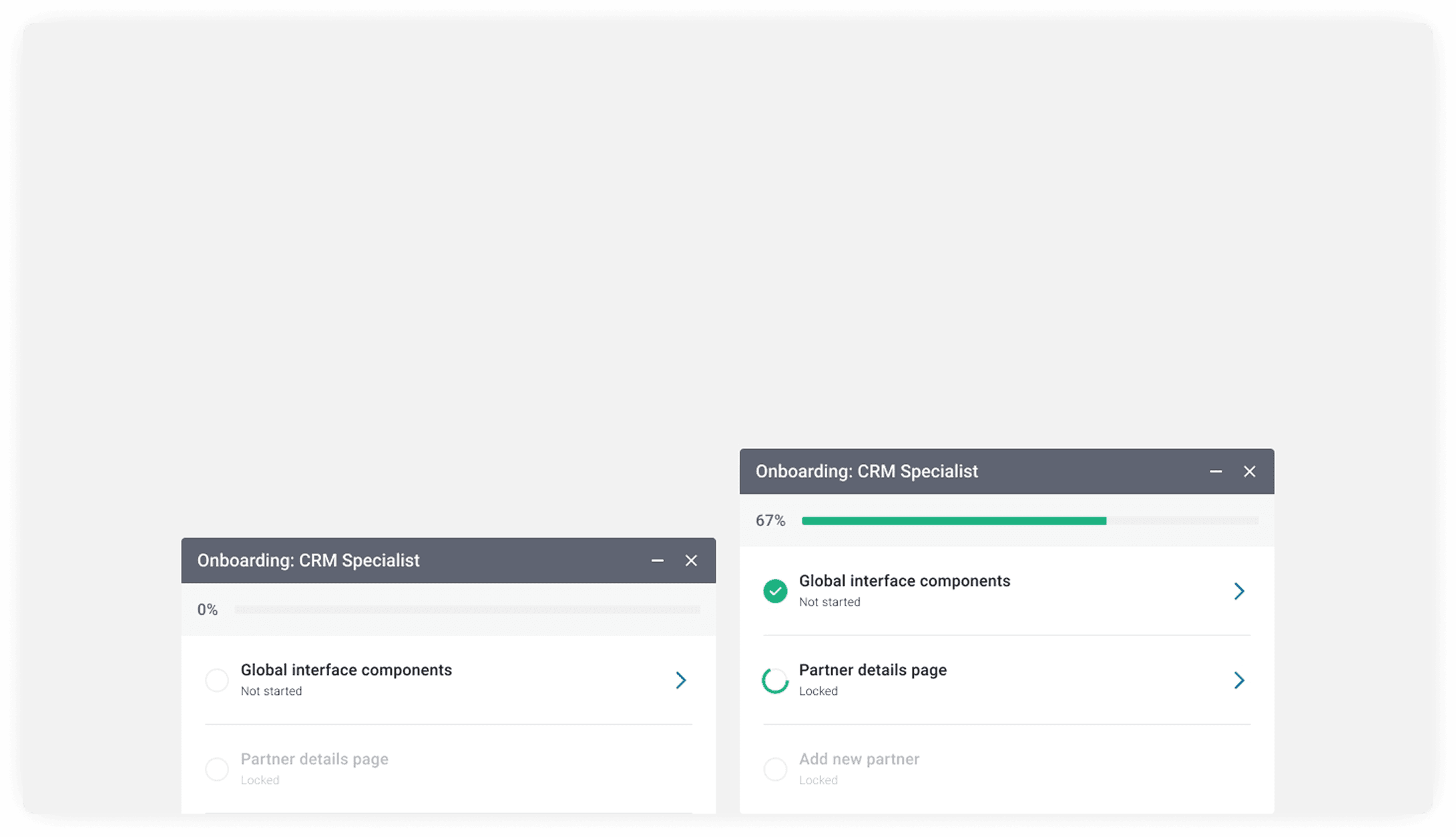 Desktop onboarding UI for an ERP platform showing custom onboarding screens