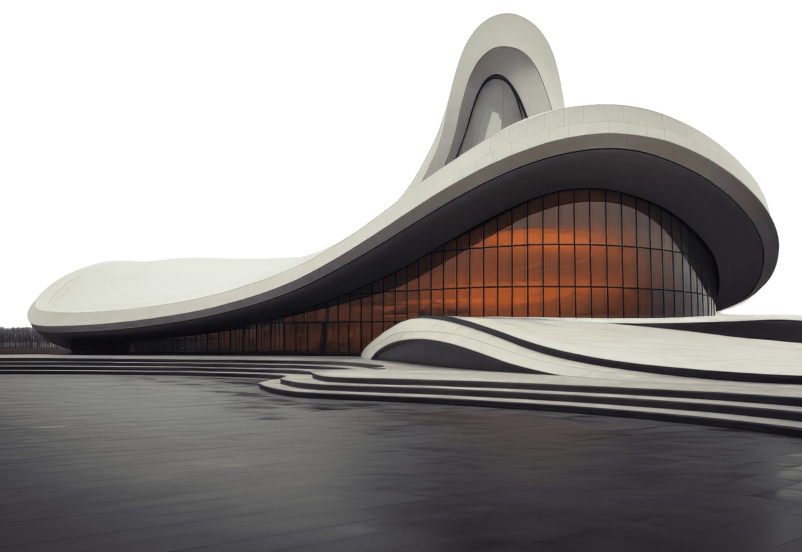  A futuristic building featuring a sleek, curved roof design against a clear blue sky.
