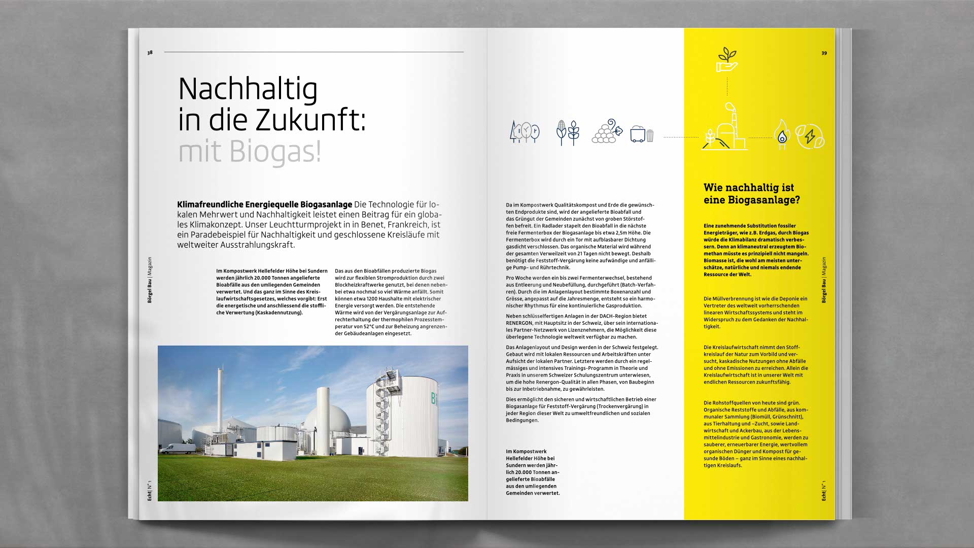 Editorial-Design-Doppelseite zum Thema Umweltbau mit Infoboxen, plakativem Bildeinsatz und typografisch sauberer Gliederung.