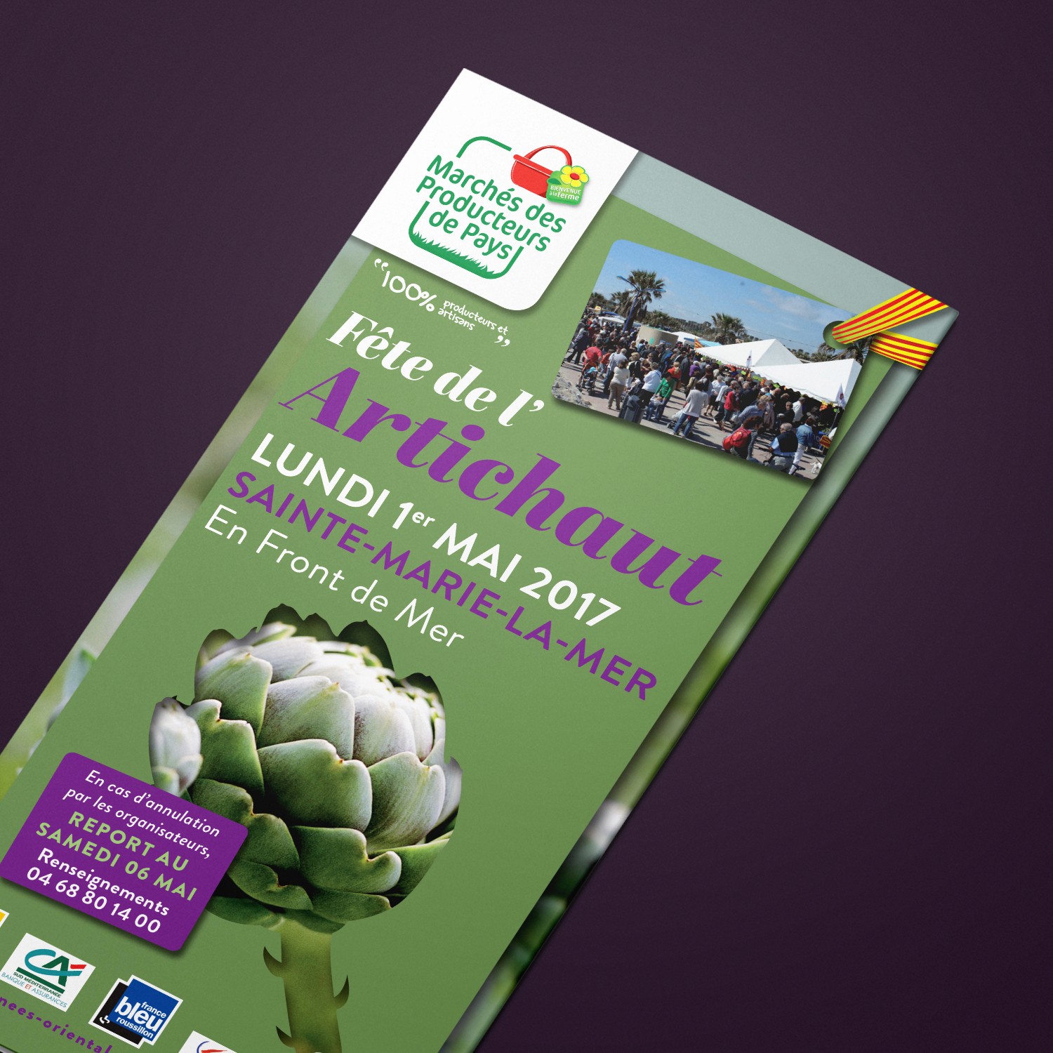 Detail du flyer de la Fete de l artichaut à Sainte Marie la Mer montrant le visuel d artichaut et les informations pratiques de l evenement.