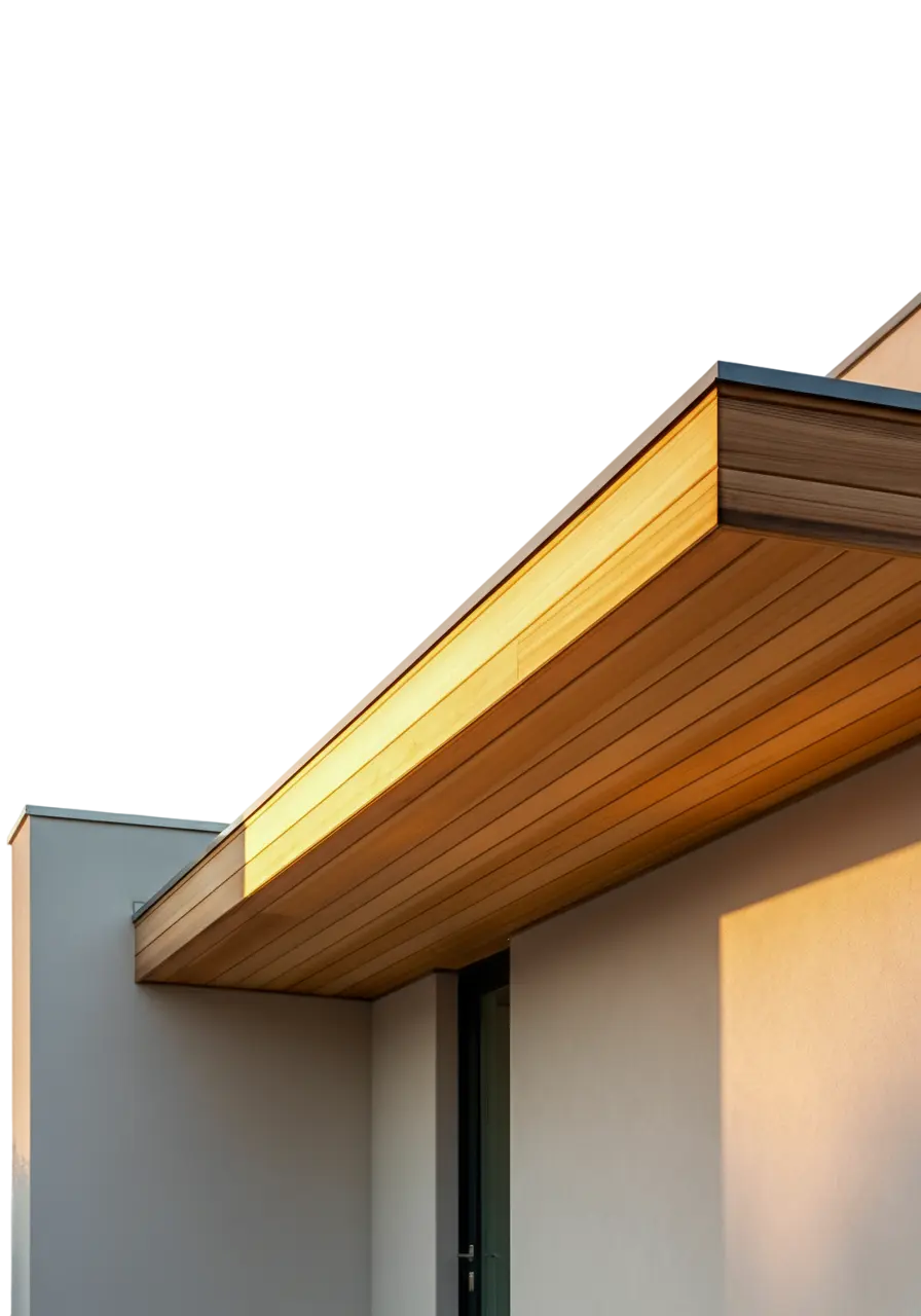 Close-up of a modern home's wood soffit and clean white walls illuminated by warm sunlight, highlighting architectural details in Alberta.