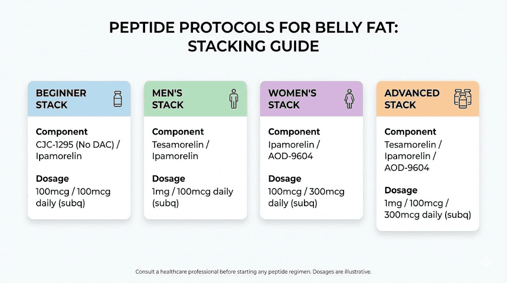 Four peptide stacking protocols for belly fat loss by experience level