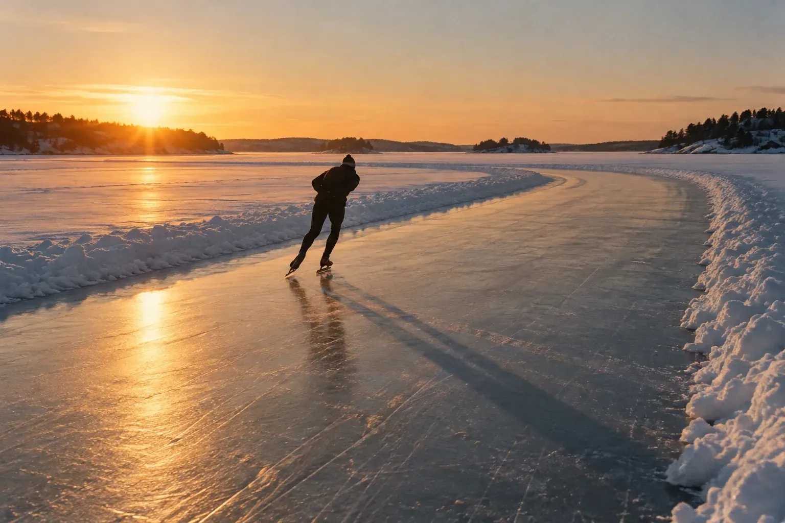 A ploughed skating lane curving across the frozen bay, one skater bent forward, a long shadow in low sun.