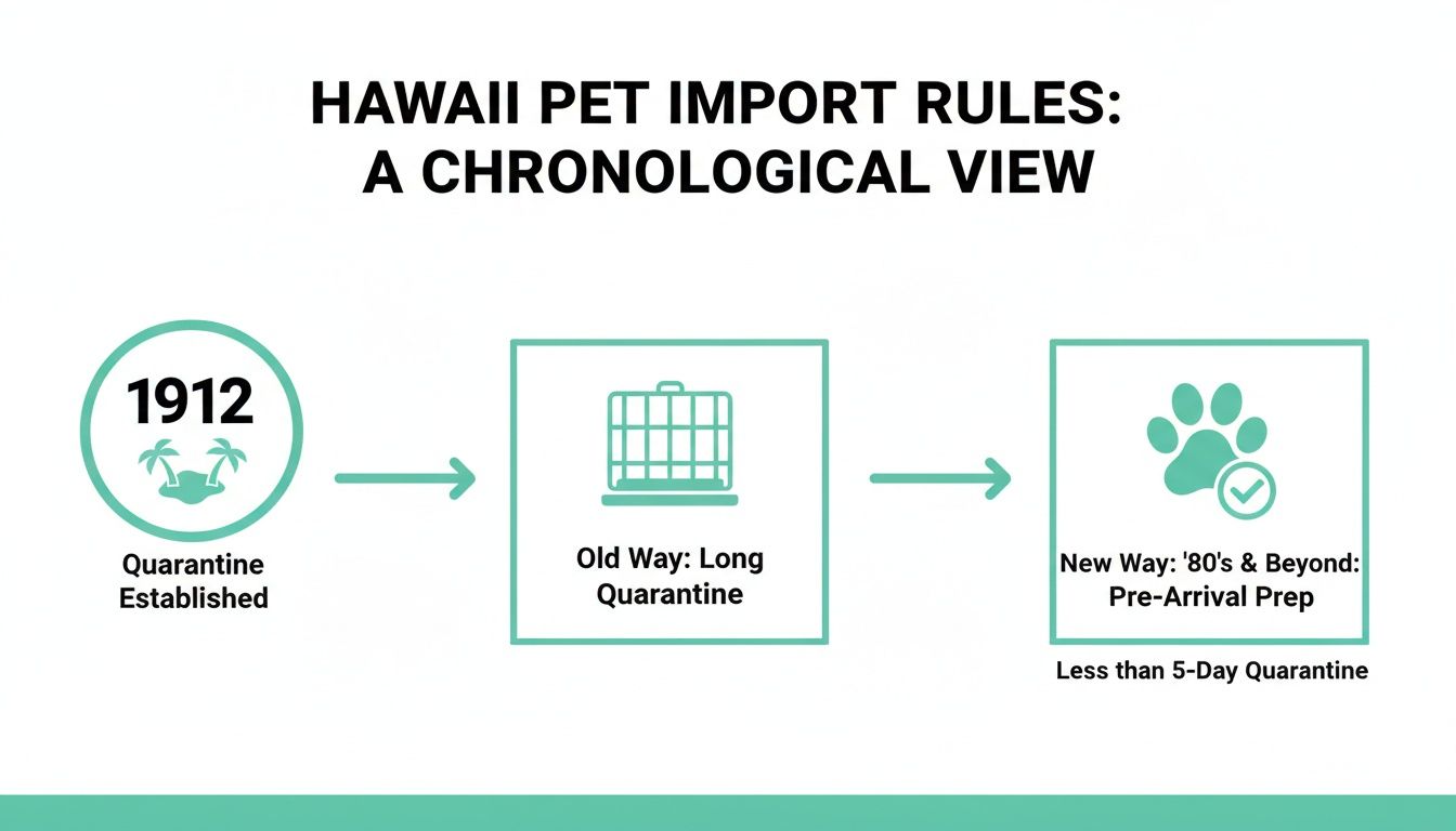 A chronological timeline shows Hawaii pet import rules evolving from long quarantine to pre-arrival prep.