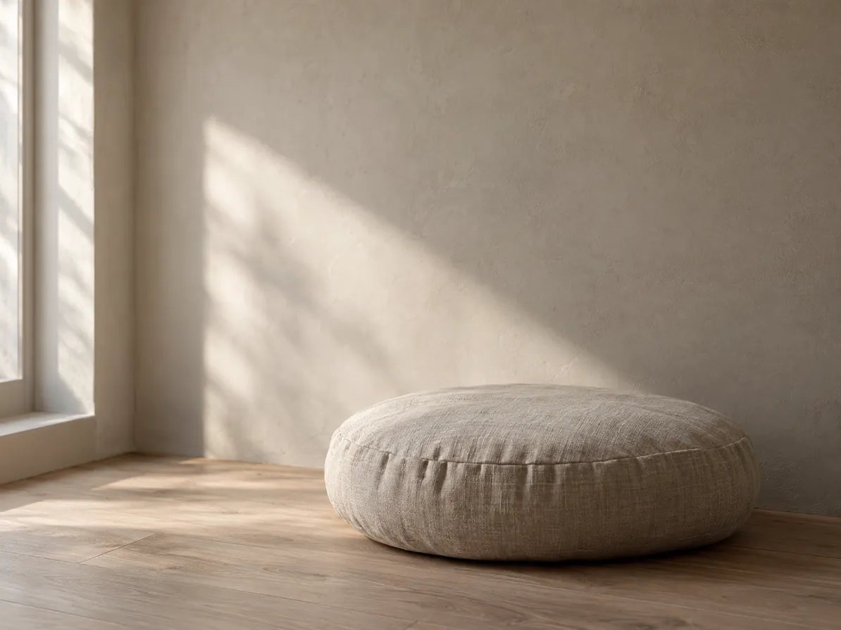 Linen floor cushion in a quiet room with soft window light on plaster