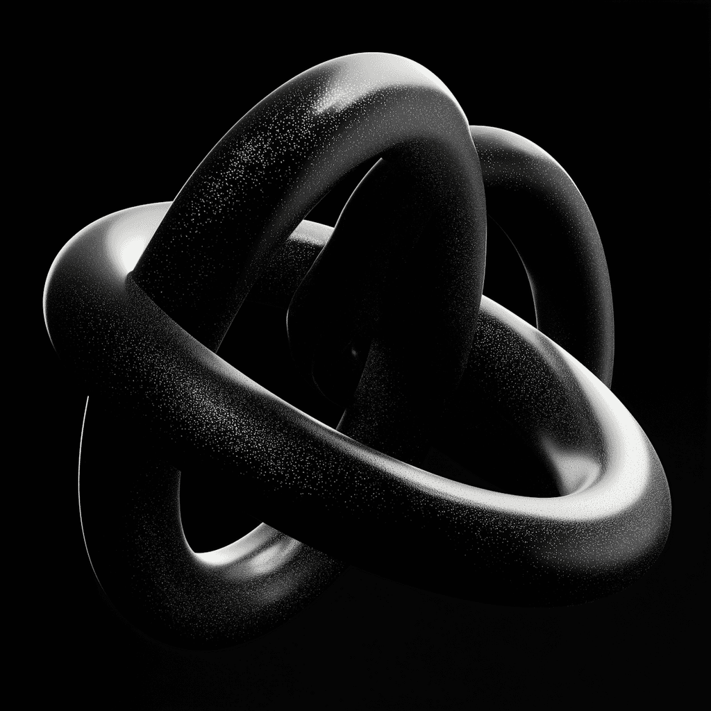 A 3D-rendered black torus with a glossy, speckled texture, interwoven in a complex design against a black background.