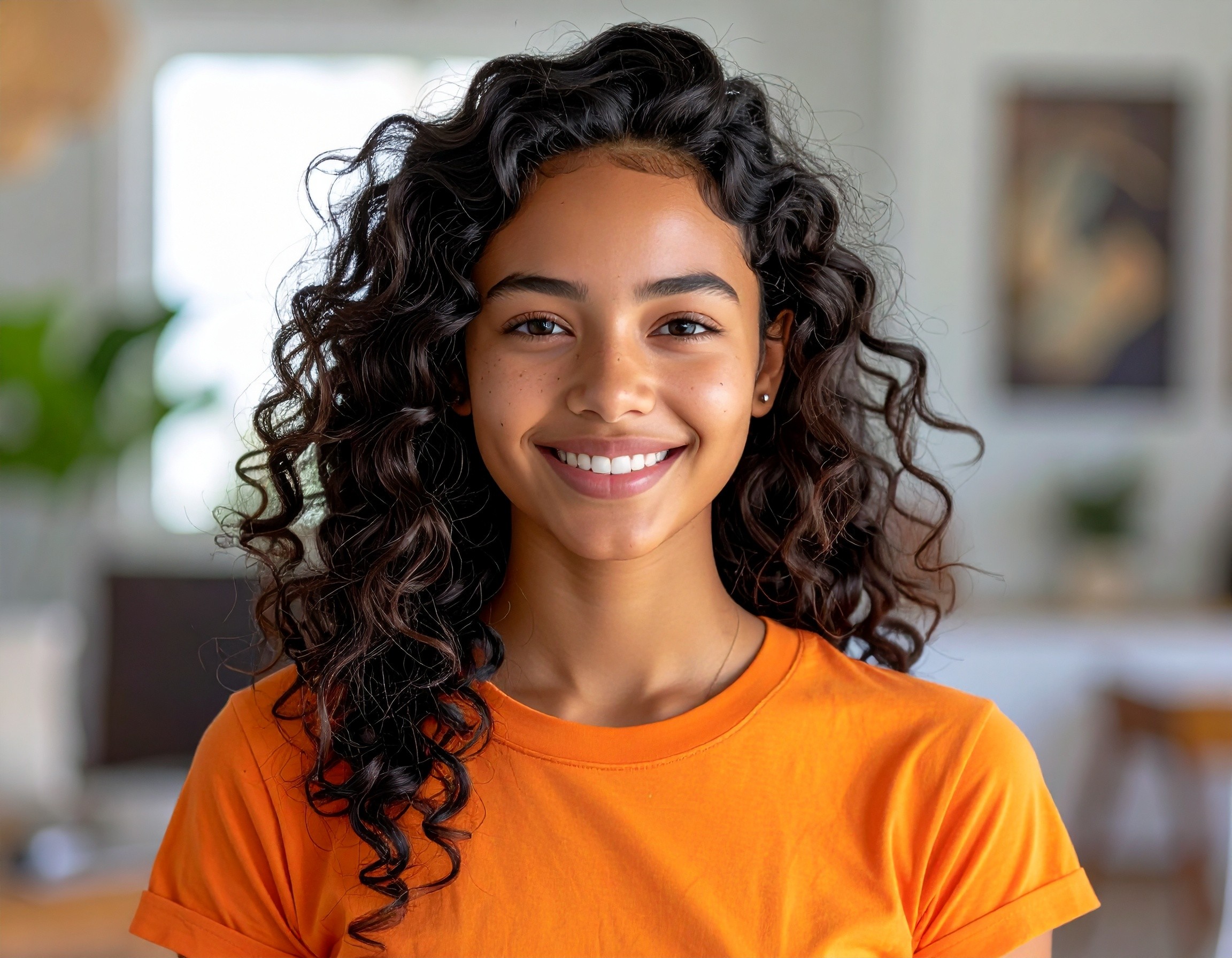 Smiling young woman with curly hair sitting at a laptop, in front of a teal wall.