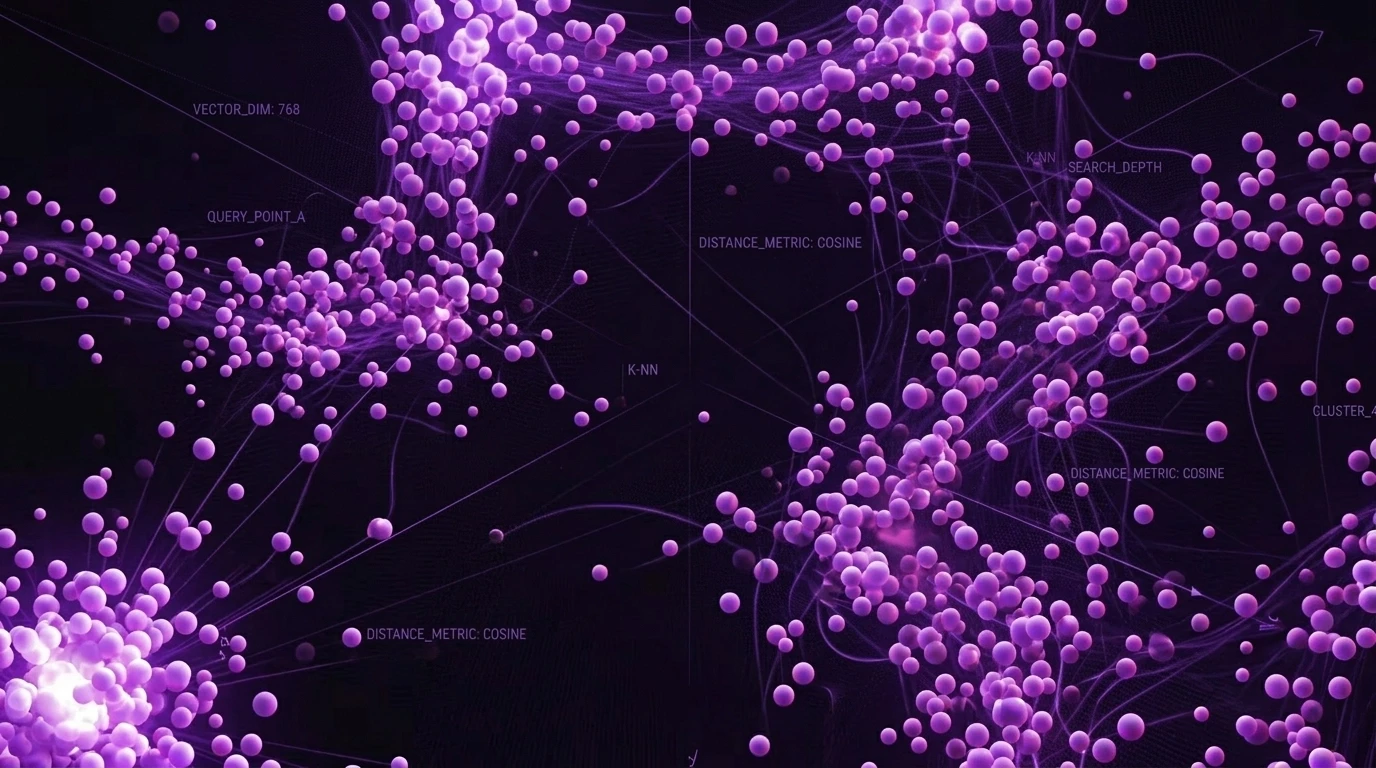 Abstract 3D representation of vector search with glowing purple spheres representing clusters of data.