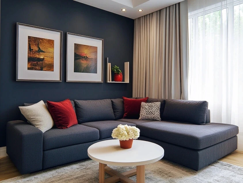 Cozy living room with a dark gray sectional sofa, red accent pillows, white coffee table, and framed wall art