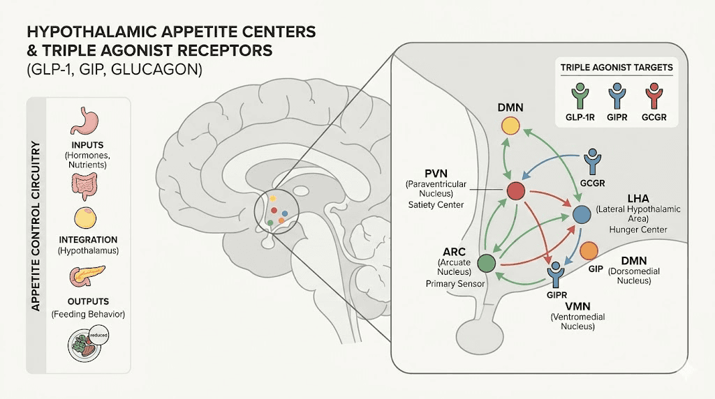 Brain appetite centers targeted by retatrutide triple receptor activation