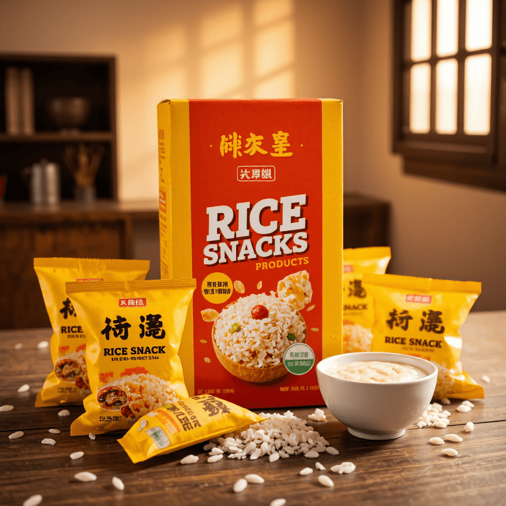 product photography of a box of rice snack products with individual packets