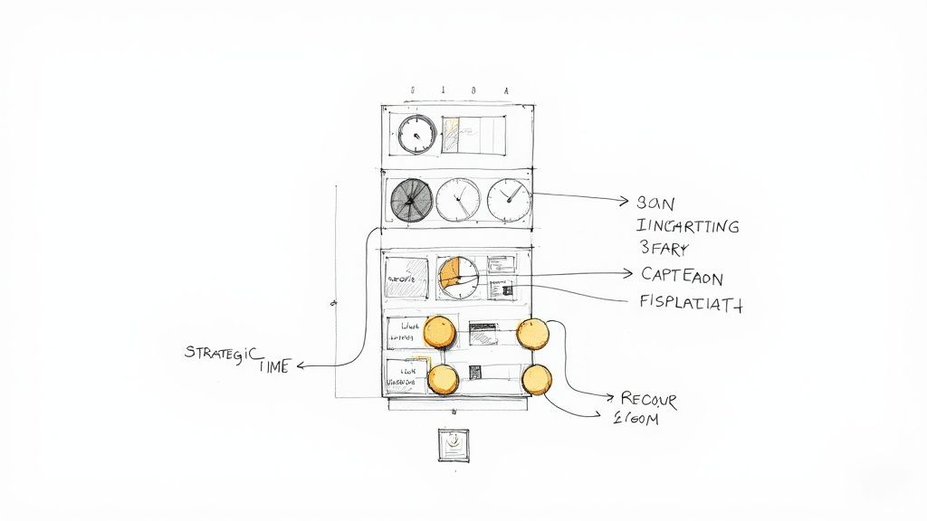 A detailed sketch of a modular workstation, including clocks, screens, and interactive elements, with labels for 'Strategic Time'.