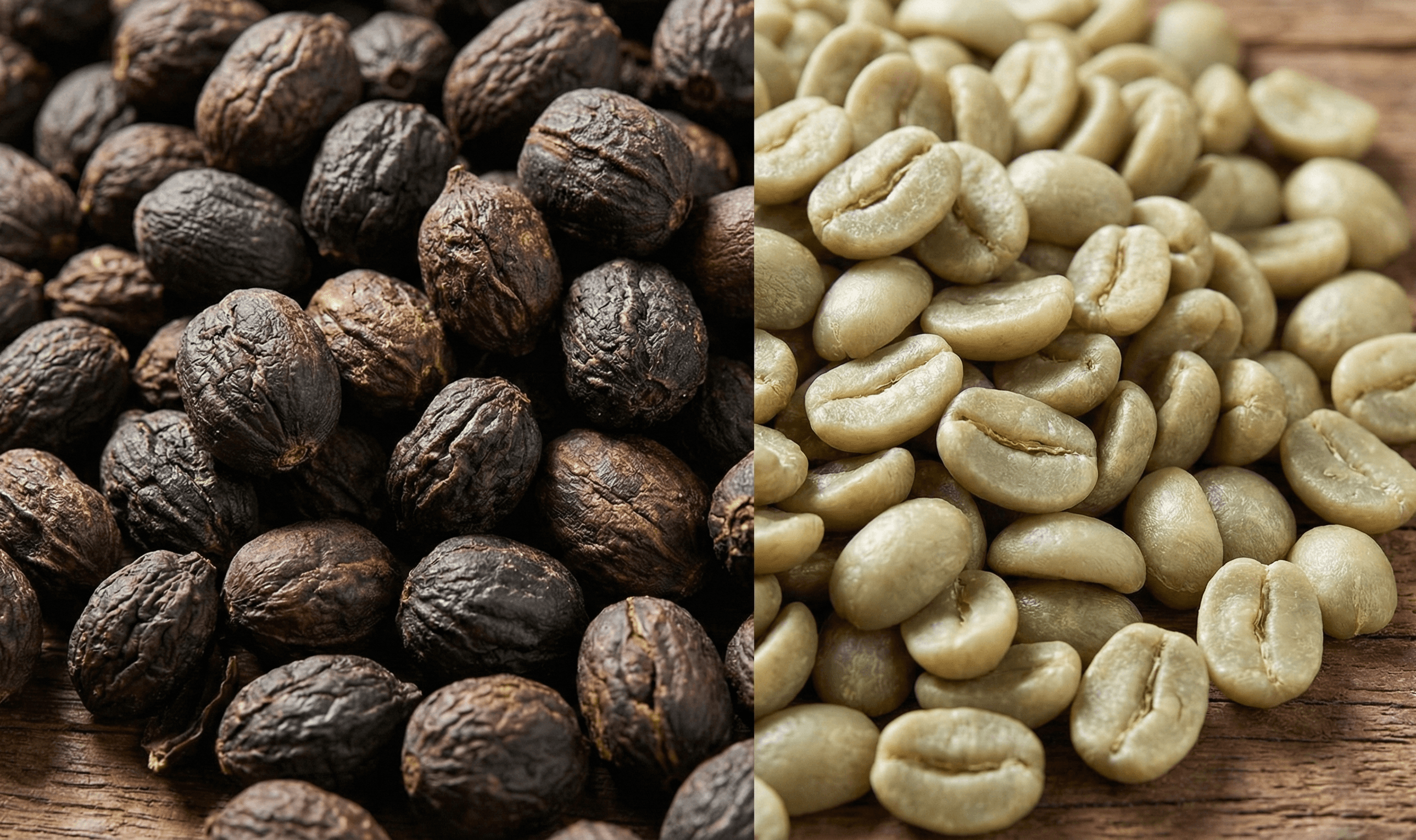 Side-by-side comparison of dried natural process coffee cherries and smooth washed green coffee beans.