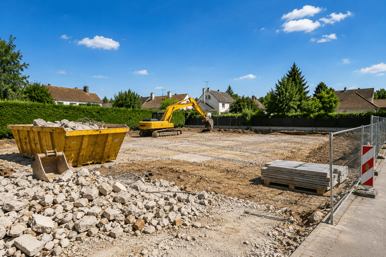 Chantier de démolition de pavillon avec gravats et préparation des travaux