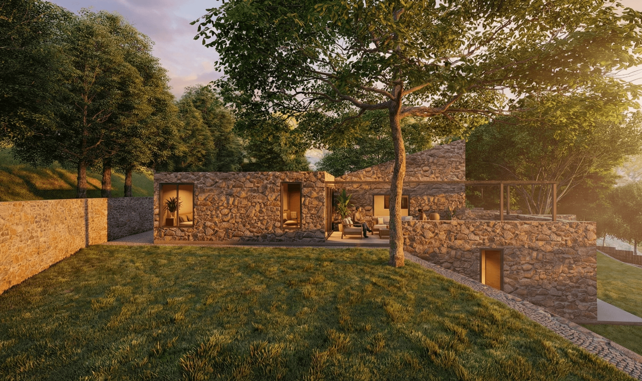 Panoramic Solitude: Perched on the hillside, the villa features a broad terrace that invites residents to step out and soak in the golden sunset views over the valley.