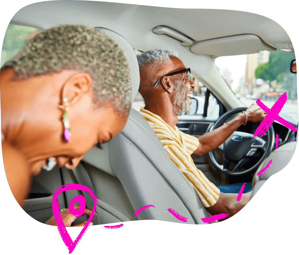 a rideshare scene with a rider and driver in a vehicle