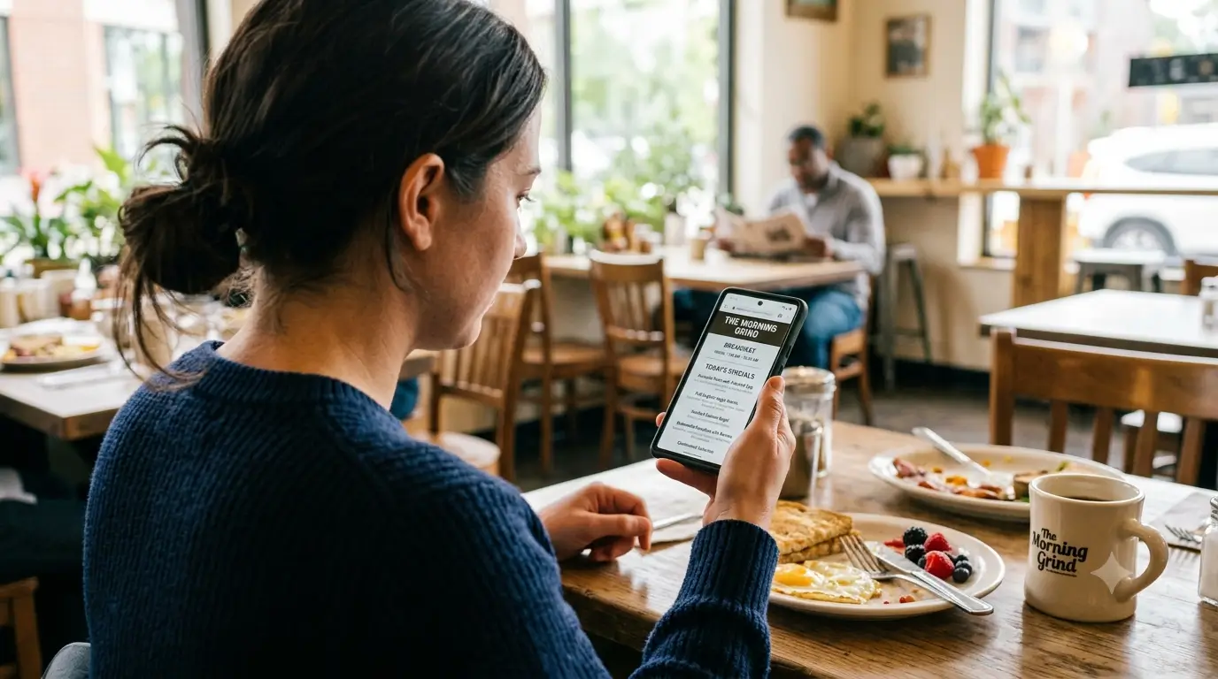 A B&B guest checking the breakfast menu and hours on a digital guidebook on their phone at the table.