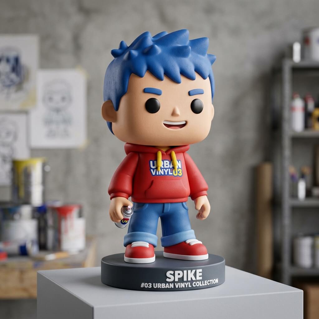 A "Funko" or "Urban Vinyl" style avatar, matte plastic finish, oversized head, simplified features, bold primary colors, studio lighting.