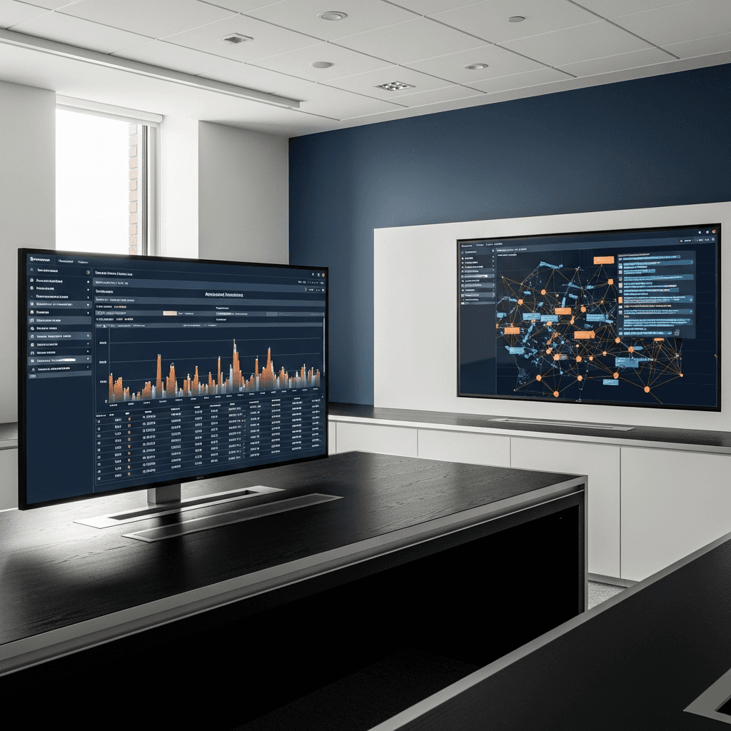A minimalist, high-tech security operations center control room. On the left, a large screen displays structured, tabular data with clear anomaly detection graphs, representing MLOps. On the right, another screen shows a network graph of text communications with highlighted semantic clusters, representing LLMOps. The room is sleek, using materials like brushed metal and dark wood. The scene is illuminated by soft, natural light coming from a large window off-camera. The color palette is dominated by brand colors #1F3B5B (dark blue for screens/walls) and #F5F2EC (off-white for surfaces), with subtle accents of #E76F51 (orange for highlighted alerts on the screens). The upper-left third of the image is clear, showing a part of the clean architectural ceiling and wall, providing ample room for text overlay. The image is a photorealistic, editorial photograph with a 16:9 aspect ratio, minimal, and architectural in style, with no people, text, logos, or watermarks.