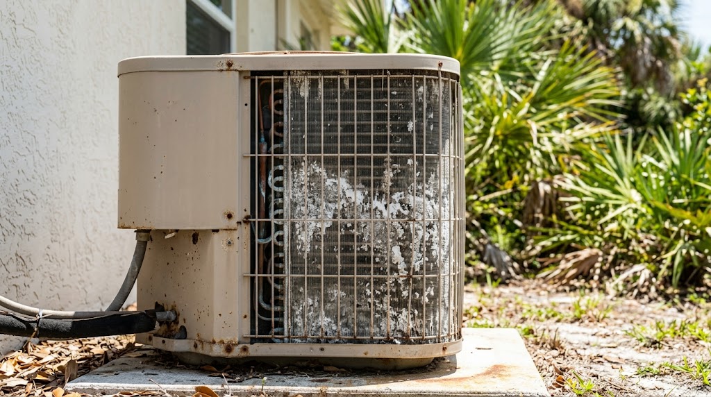  Outdoor AC condenser unit with salt-air corrosion at a coastal Palm Beach County home