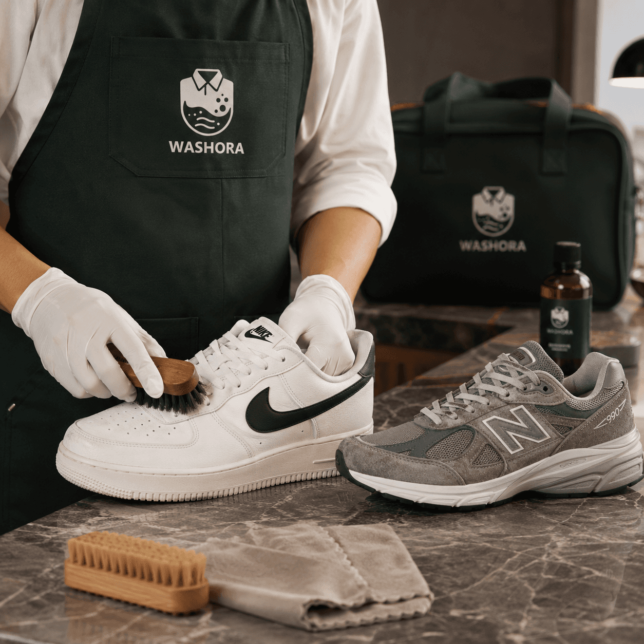 Professional shoe cleaning in Gurgaon by Washora with Nike and New Balance sneakers cleaned using a soft brush.