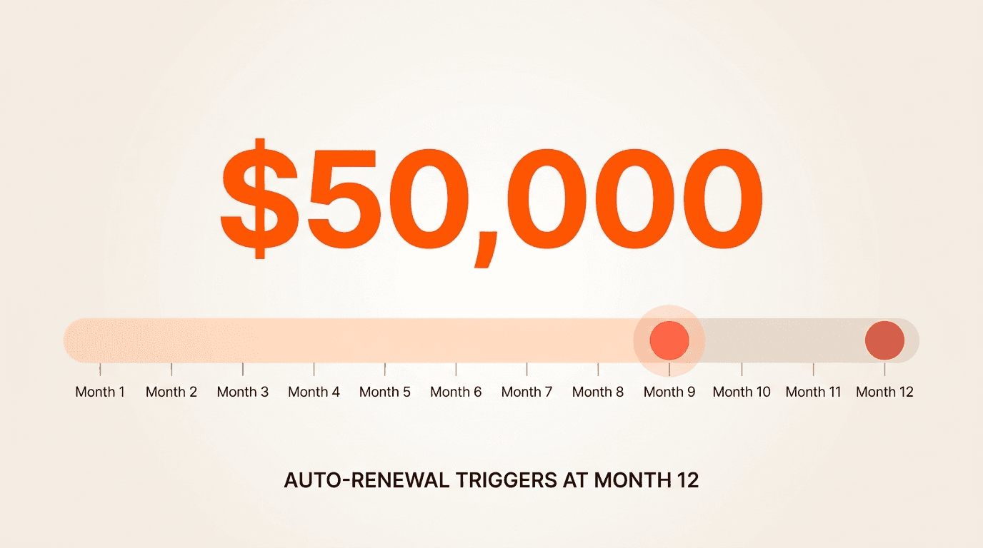 Timeline showing the cost of one missed auto-renewal: 12-month contract with 90-day notice deadline closes the action window at month 9, committing $50,000 if missed
